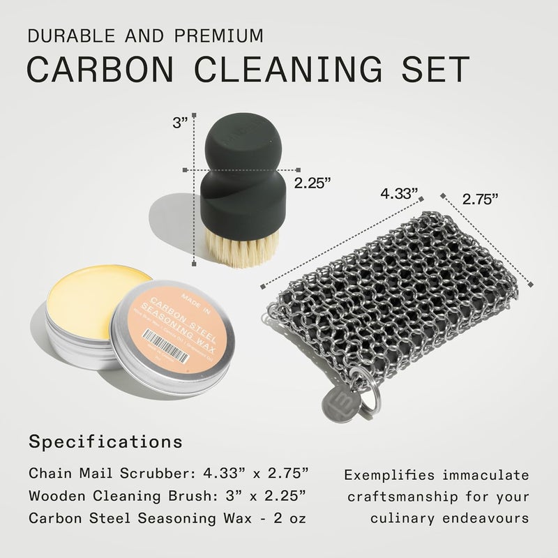 Madein Cookware - 3-Piece Carbon Steel Cleaning Set - Includes Chain Mail Scrubber, Cleaning Brush and Carbon Steel Seasoning Wax - Image 4